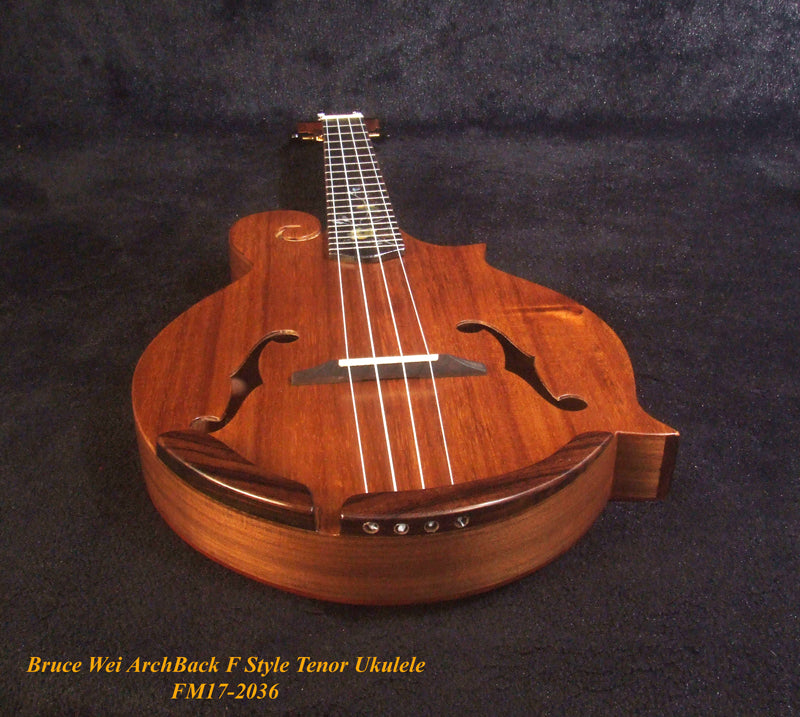 Handmade F Style Tenor Ukulele, ArchBack, Hawaiian Koa & Mahogany, Floral Inlay, Soft-bag, Bruce Wei FM17-2036