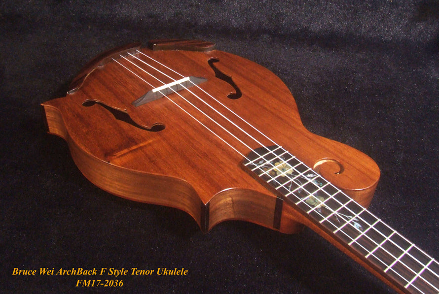 Handmade F Style Tenor Ukulele, ArchBack, Hawaiian Koa & Mahogany, Floral Inlay, Soft-bag, Bruce Wei FM17-2036