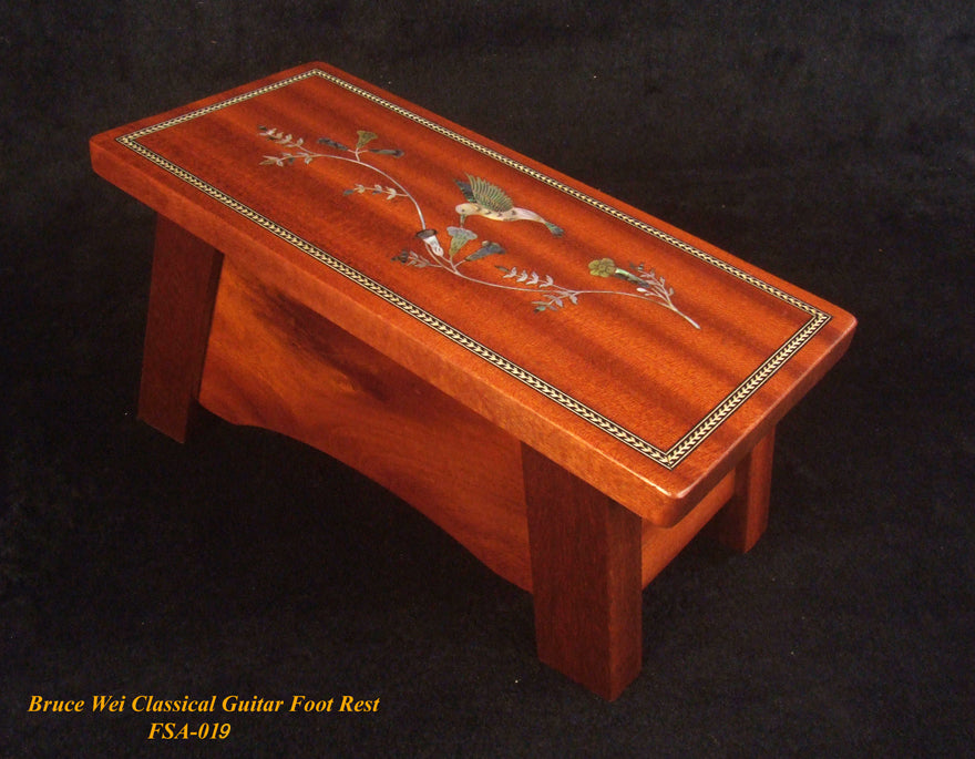 Classical Guitar Foot Rest Foot Stand, Solid Mahogany, Mother of Pearl & Abalone HummingBird Inlay, Bruce Wei (FSA-019)