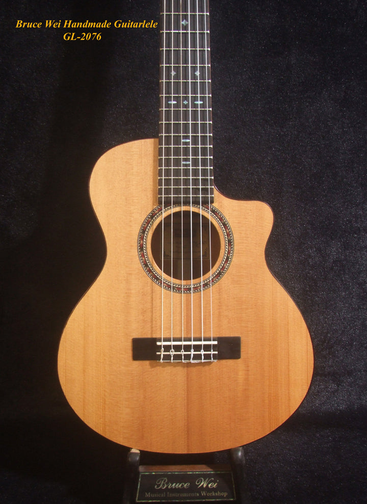 Handcrafted Guitarlele, Solid Spruce & Mahogany, Slotted Head, Cutaway, MOP Inlay, Soft-bag, Bruce Wei GL-2076