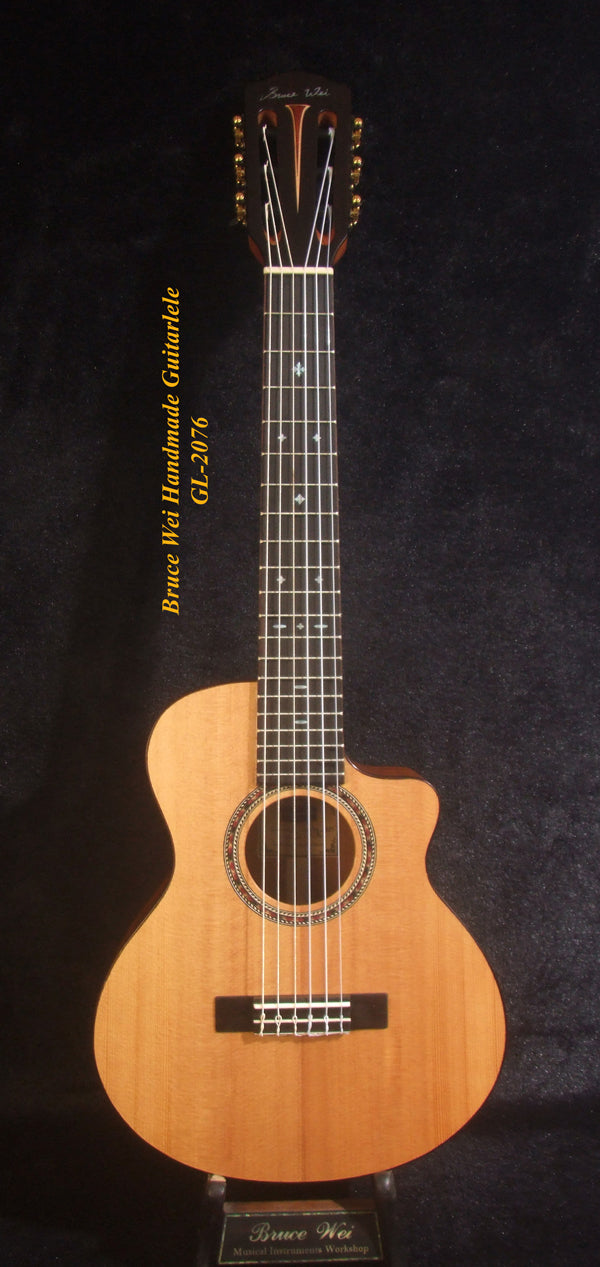 Handcrafted Guitarlele, Solid Spruce & Mahogany, Slotted Head, Cutaway, MOP Inlay, Soft-bag, Bruce Wei GL-2076