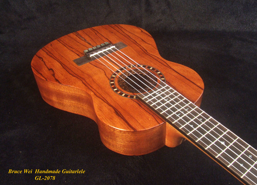 Handcrafted Guitarlele, Solid Zebra Wood, Slotted Head, MOP Inlay, Soft-bag, Bruce Wei GL-2078
