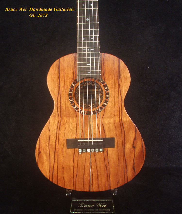 Handcrafted Guitarlele, Solid Zebra Wood, Slotted Head, MOP Inlay, Soft-bag, Bruce Wei GL-2078