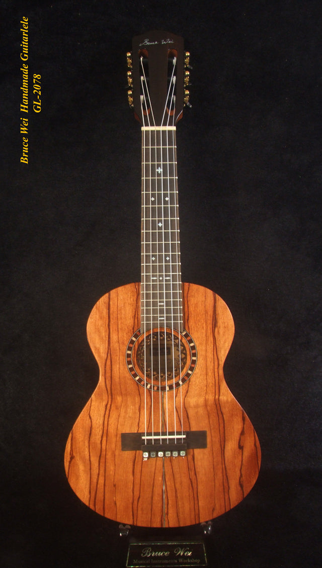 Handcrafted Guitarlele, Solid Zebra Wood, Slotted Head, MOP Inlay, Soft-bag, Bruce Wei GL-2078