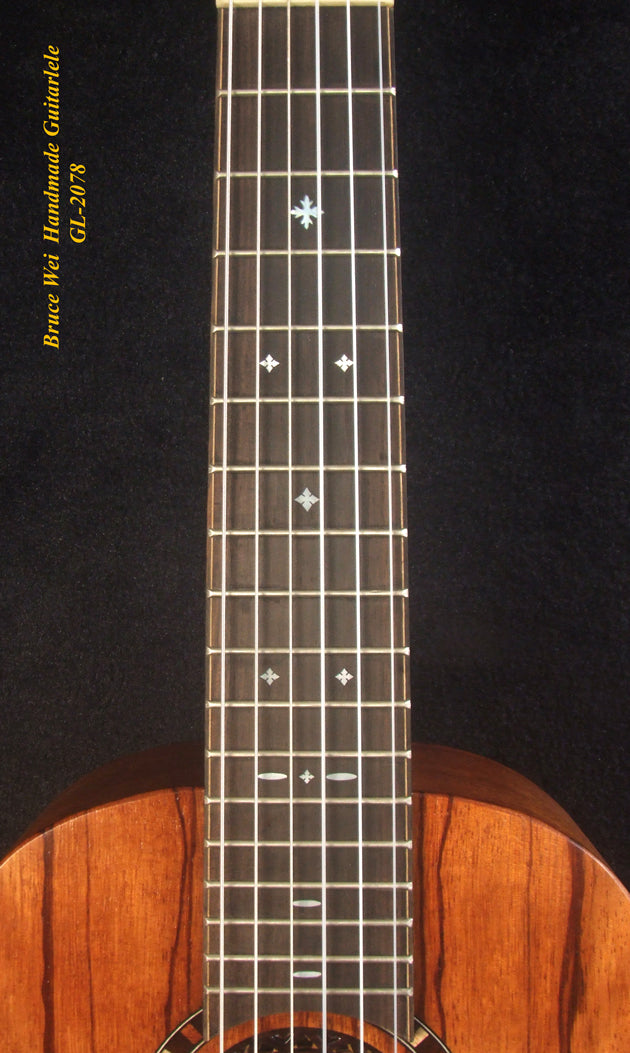 Handcrafted Guitarlele, Solid Zebra Wood, Slotted Head, MOP Inlay, Soft-bag, Bruce Wei GL-2078