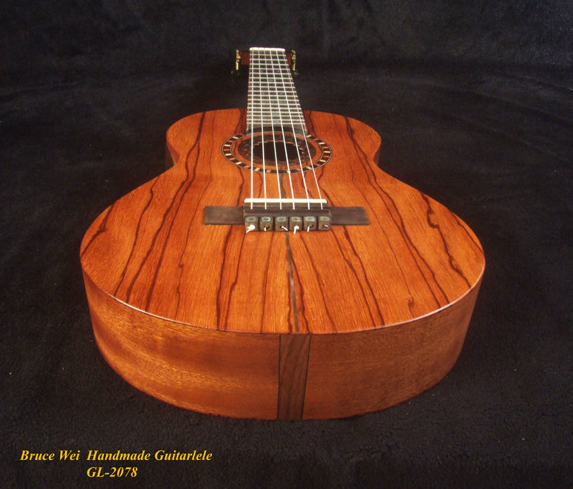 Handcrafted Guitarlele, Solid Zebra Wood, Slotted Head, MOP Inlay, Soft-bag, Bruce Wei GL-2078