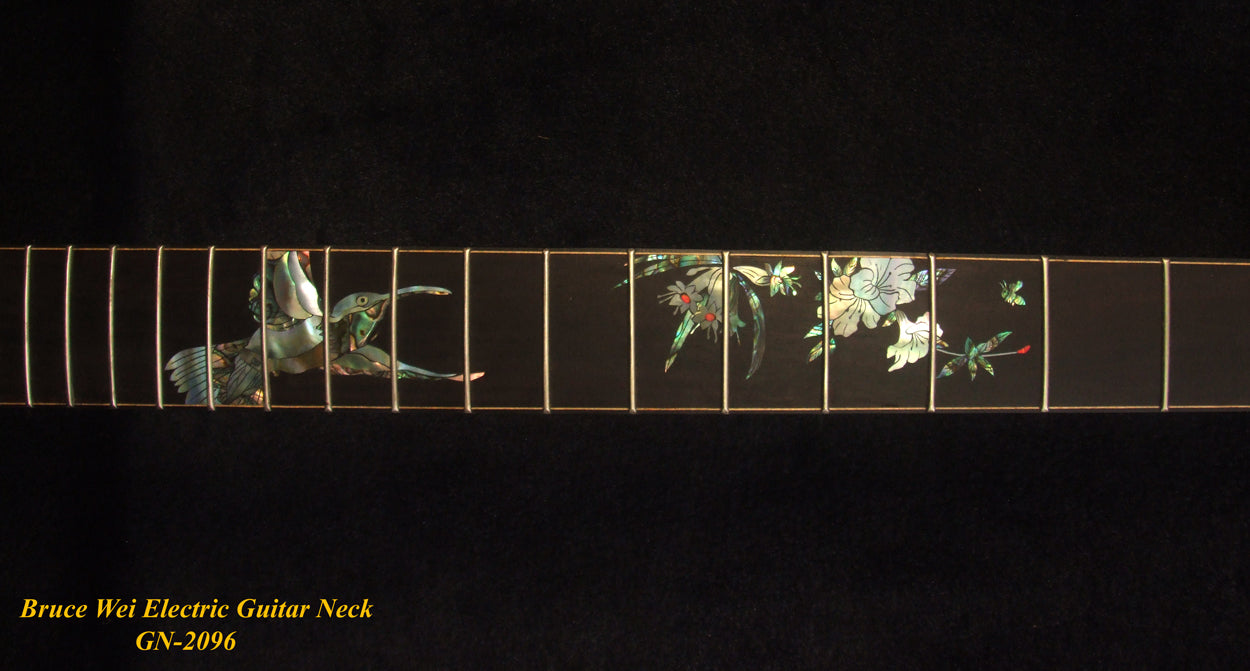 Handcrafted Electric Guitar Replacement TELE Neck, Solid Macassar Ebony, HummingBird Floral Abalone Inlay, Bruce Wei GN-2096