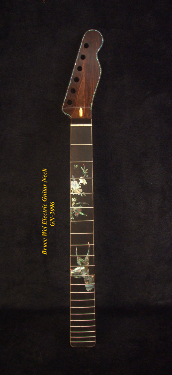 Handcrafted Electric Guitar Replacement TELE Neck, Solid Macassar Ebony, HummingBird Floral Abalone Inlay, Bruce Wei GN-2096