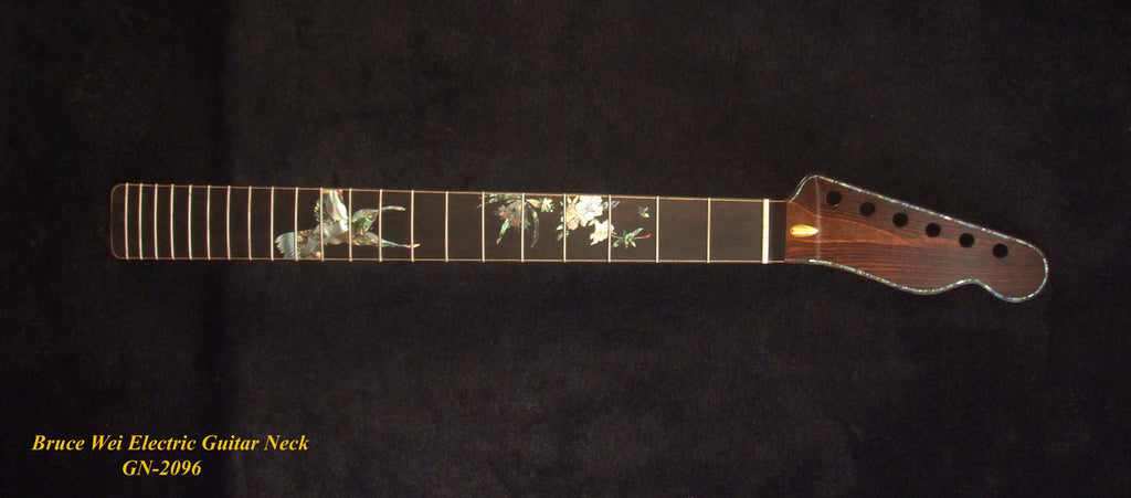 Handcrafted Electric Guitar Replacement TELE Neck, Solid Macassar Ebony, HummingBird Floral Abalone Inlay, Bruce Wei GN-2096