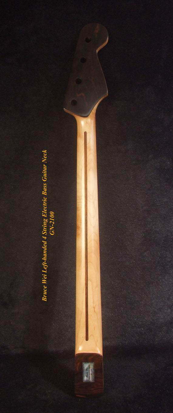 Left-handed 4 String Electric Bass Neck, Solid Hard Maple Electric Guitar Bass Neck, Block Inlay, Bruce Wei GN-2100