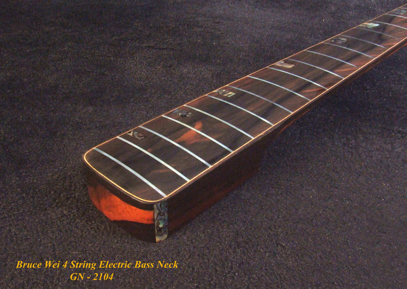 Handcrafted 4 String Electric Bass Neck, Fretless, Solid Macassar Ebony, Abalone Block Inlay, Bruce Wei GN-2104
