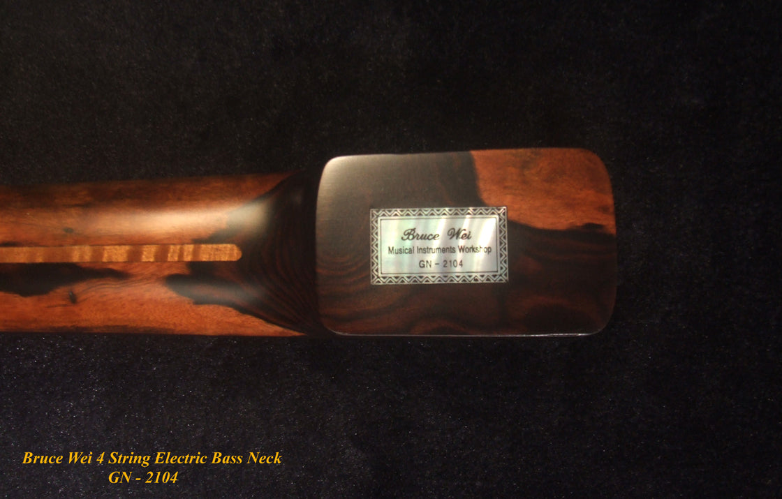 Handcrafted 4 String Electric Bass Neck, Fretless, Solid Macassar Ebony, Abalone Block Inlay, Bruce Wei GN-2104