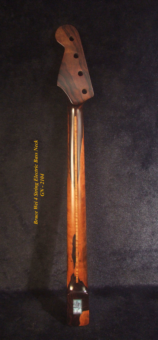 Handcrafted 4 String Electric Bass Neck, Fretless, Solid Macassar Ebony, Abalone Block Inlay, Bruce Wei GN-2104