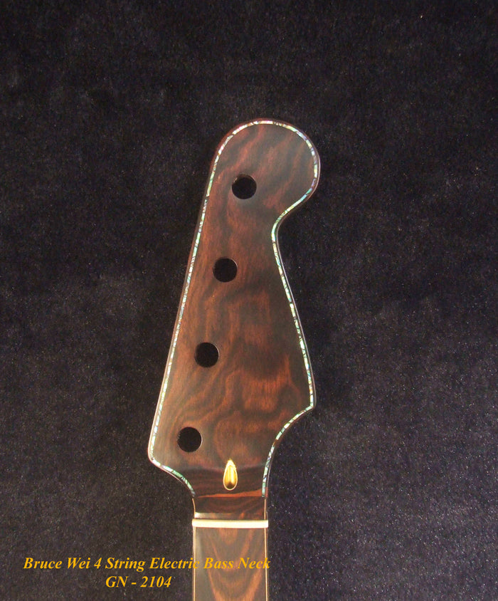 Handcrafted 4 String Electric Bass Neck, Fretless, Solid Macassar Ebony, Abalone Block Inlay, Bruce Wei GN-2104