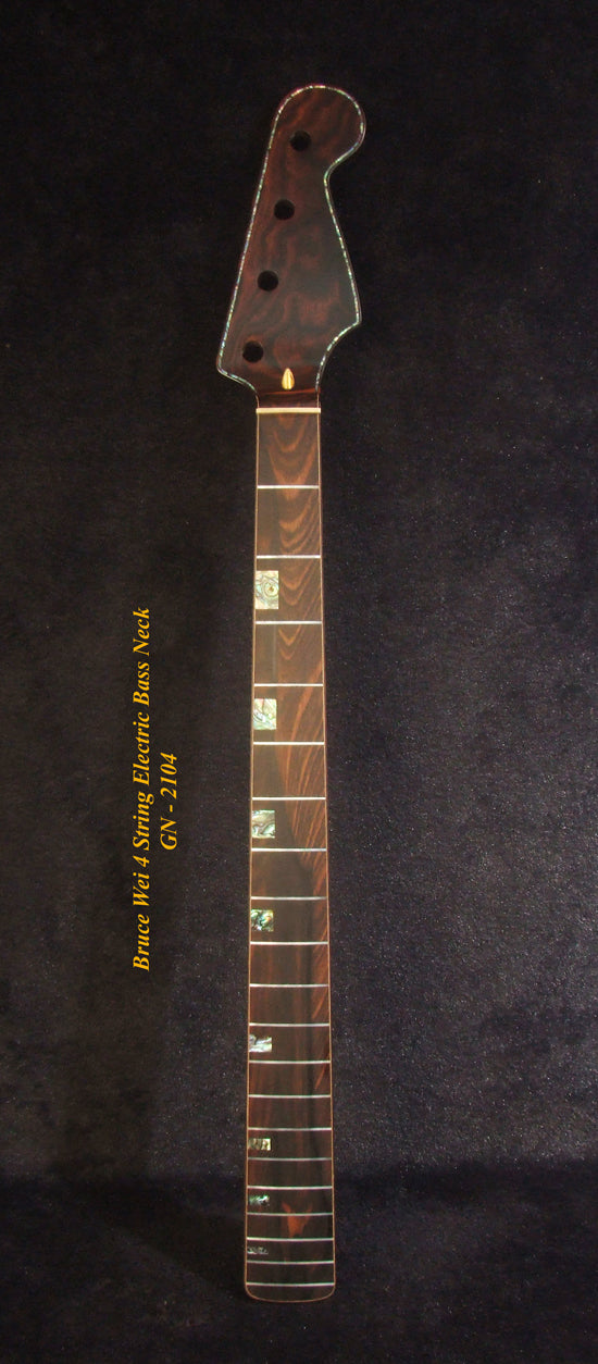 Handcrafted 4 String Electric Bass Neck, Fretless, Solid Macassar Ebony, Abalone Block Inlay, Bruce Wei GN-2104