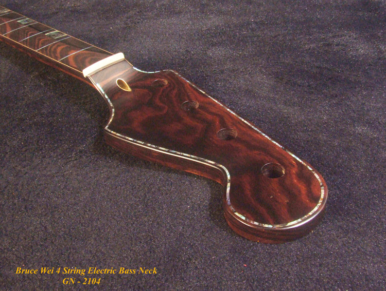 Handcrafted 4 String Electric Bass Neck, Fretless, Solid Macassar Ebony, Abalone Block Inlay, Bruce Wei GN-2104