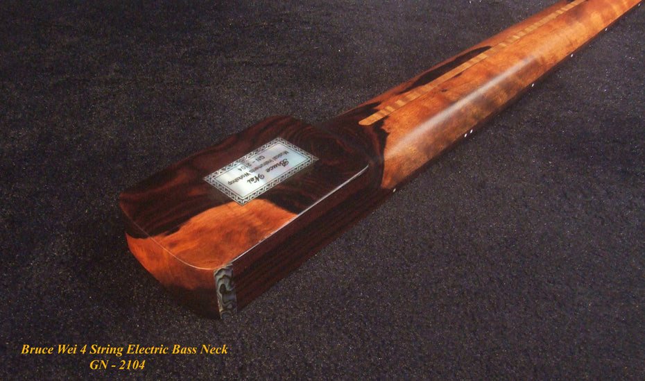Handcrafted 4 String Electric Bass Neck, Fretless, Solid Macassar Ebony, Abalone Block Inlay, Bruce Wei GN-2104
