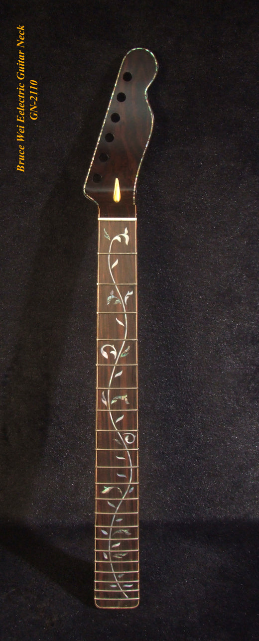 Handcrafted Electric Guitar Replacement TELE Neck, Solid Macassar Ebony, Vine Inlay, Bruce Wei GN-2110