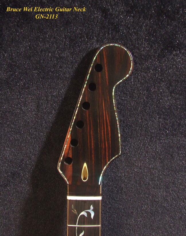 Gift for Fender Guitar player - Handcrafted Electric Guitar Replacement Strat Neck, Solid Macassar Ebony, Vine Inlay, Bruce Wei GN-2113
