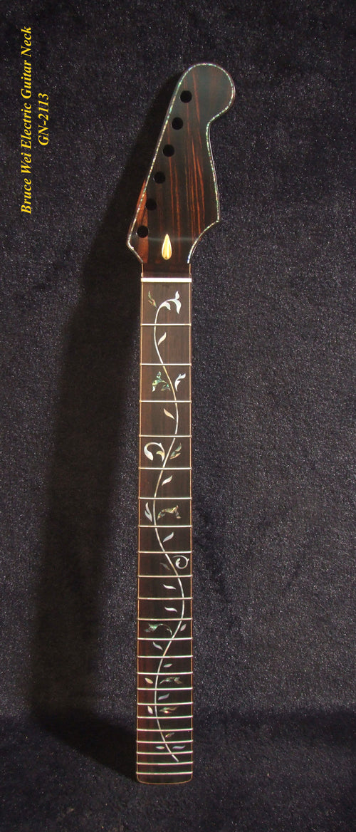 Gift for Fender Guitar player - Handcrafted Electric Guitar Replacement Strat Neck, Solid Macassar Ebony, Vine Inlay, Bruce Wei GN-2113
