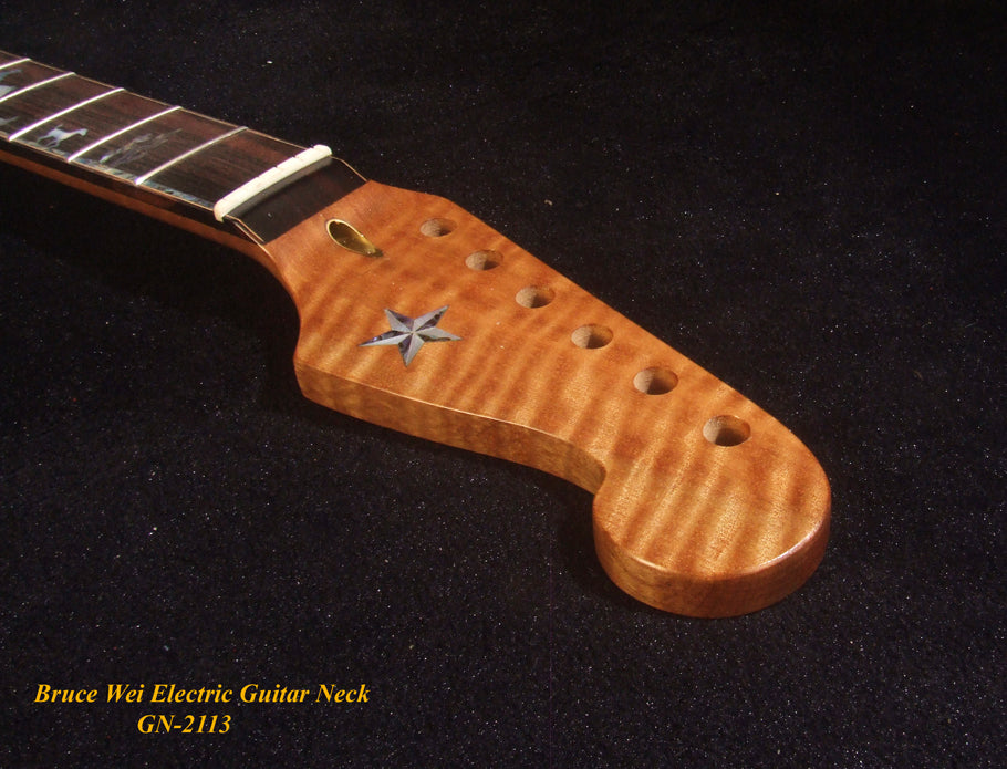Electric Guitar Replacement Strat Neck, Handcrafted Solid Curly Maple, CowBoy inlay, Bruce Wei GN-2113