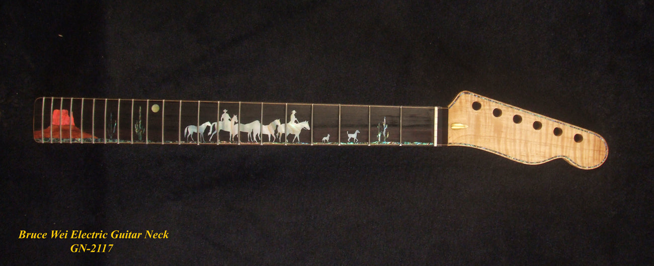 Handcrafted Electric Guitar Replacement TELE Neck, Solid Curly Maple, CowBoy Inlay, Bruce Wei GN-2117