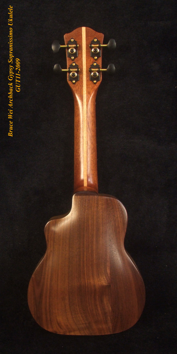 Handmade Gypsy Sopranissimo/ Pocket Ukulele, Hawaiian Koa, Walnut, Top engraving, Soft-bag, Bruce Wei GUT11-2009