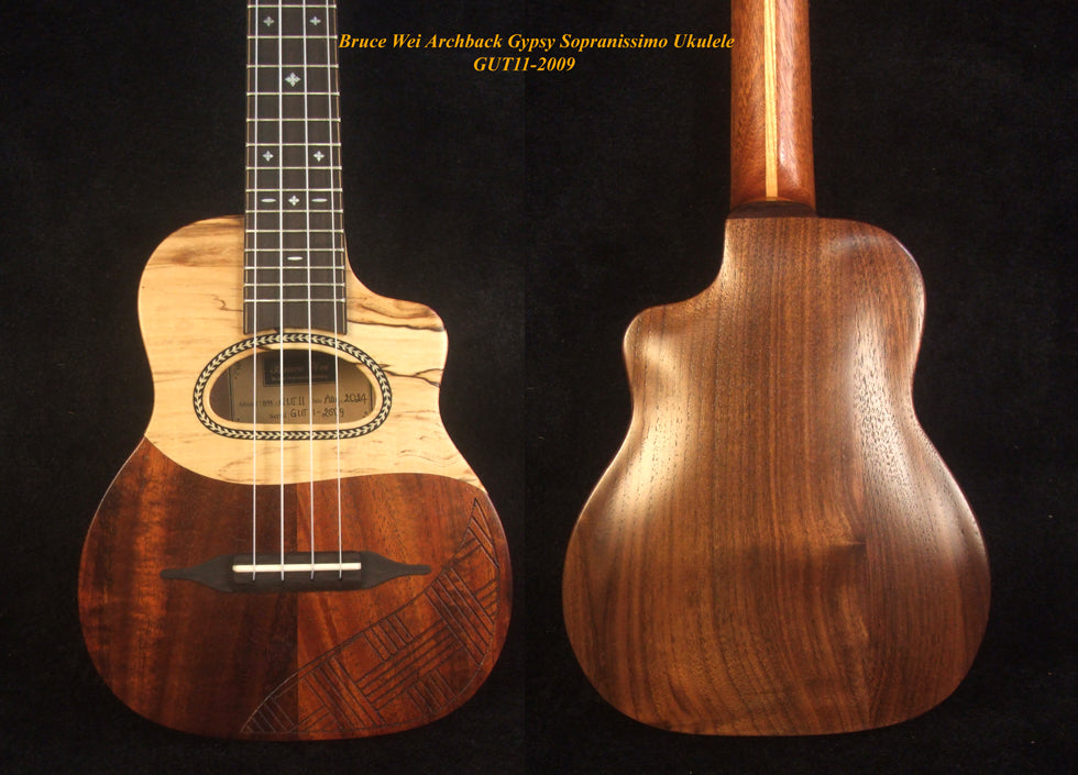 Handmade Gypsy Sopranissimo/ Pocket Ukulele, Hawaiian Koa, Walnut, Top engraving, Soft-bag, Bruce Wei GUT11-2009