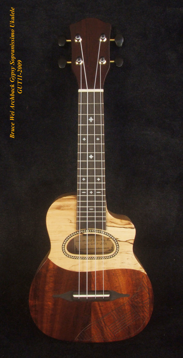 Handmade Gypsy Sopranissimo/ Pocket Ukulele, Hawaiian Koa, Walnut, Top engraving, Soft-bag, Bruce Wei GUT11-2009