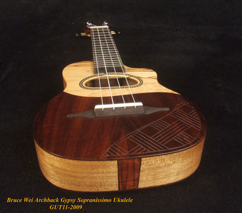 Handmade Gypsy Sopranissimo/ Pocket Ukulele, Hawaiian Koa, Walnut, Top engraving, Soft-bag, Bruce Wei GUT11-2009