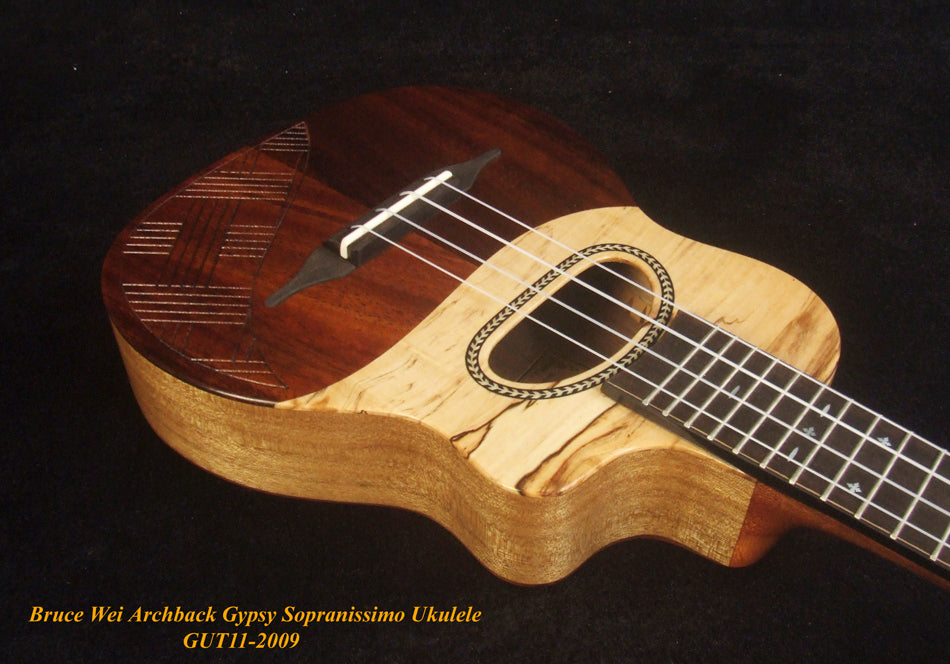Handmade Gypsy Sopranissimo/ Pocket Ukulele, Hawaiian Koa, Walnut, Top engraving, Soft-bag, Bruce Wei GUT11-2009