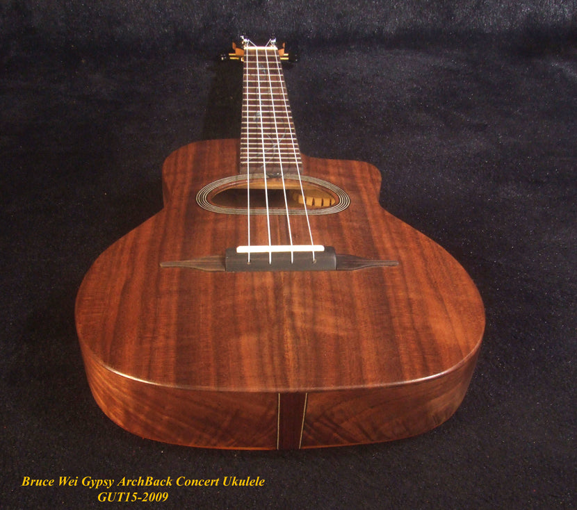 Handmade Gypsy Concert Ukulele, ArchBack Curly Wanut, Acacia MOP & Abalone Inlay, Soft-bag, Bruce Wei GUT15-2009