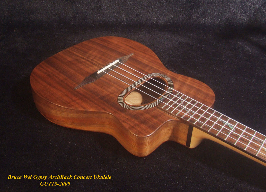 Handmade Gypsy Concert Ukulele, ArchBack Curly Wanut, Acacia MOP & Abalone Inlay, Soft-bag, Bruce Wei GUT15-2009