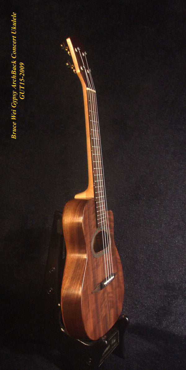 Handmade Gypsy Concert Ukulele, ArchBack Curly Wanut, Acacia MOP & Abalone Inlay, Soft-bag, Bruce Wei GUT15-2009