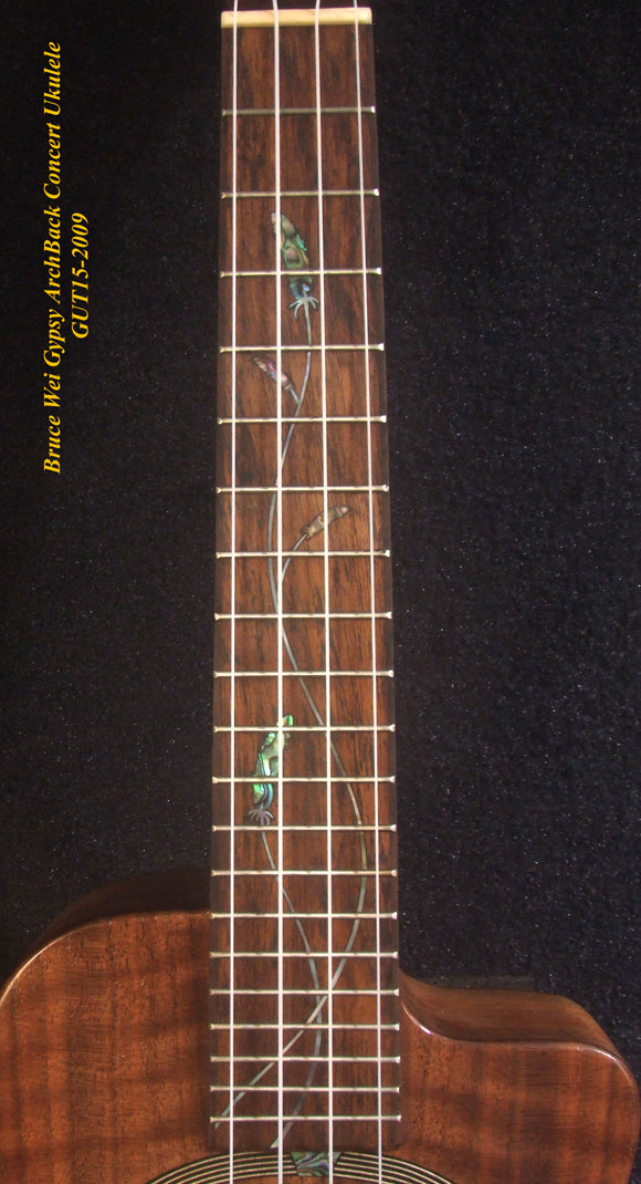 Handmade Gypsy Concert Ukulele, ArchBack Curly Wanut, Acacia MOP & Abalone Inlay, Soft-bag, Bruce Wei GUT15-2009