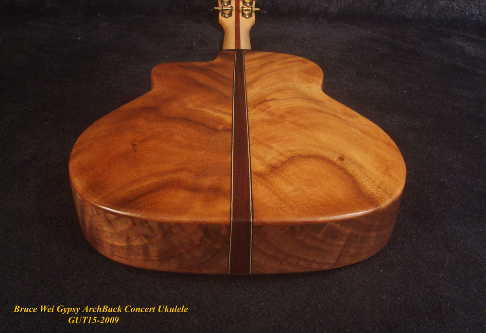 Handmade Gypsy Concert Ukulele, ArchBack Curly Wanut, Acacia MOP & Abalone Inlay, Soft-bag, Bruce Wei GUT15-2009