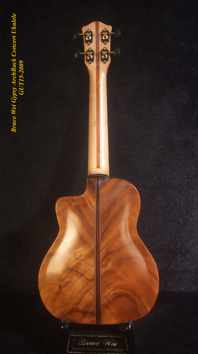 Handmade Gypsy Concert Ukulele, ArchBack Curly Wanut, Acacia MOP & Abalone Inlay, Soft-bag, Bruce Wei GUT15-2009