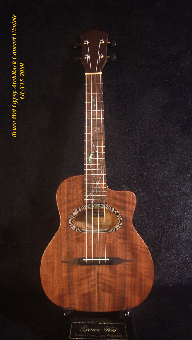 Handmade Gypsy Concert Ukulele, ArchBack Curly Wanut, Acacia MOP & Abalone Inlay, Soft-bag, Bruce Wei GUT15-2009