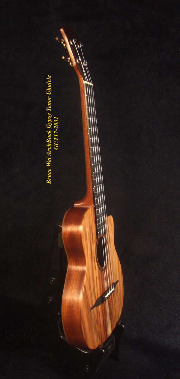 Handcrafted Gypsy Tenor Ukulele Solid Taiwania, Curly Maple Archback, Angel, Vine Inlay, Soft-bag, Bruce Wei GUT17-2031