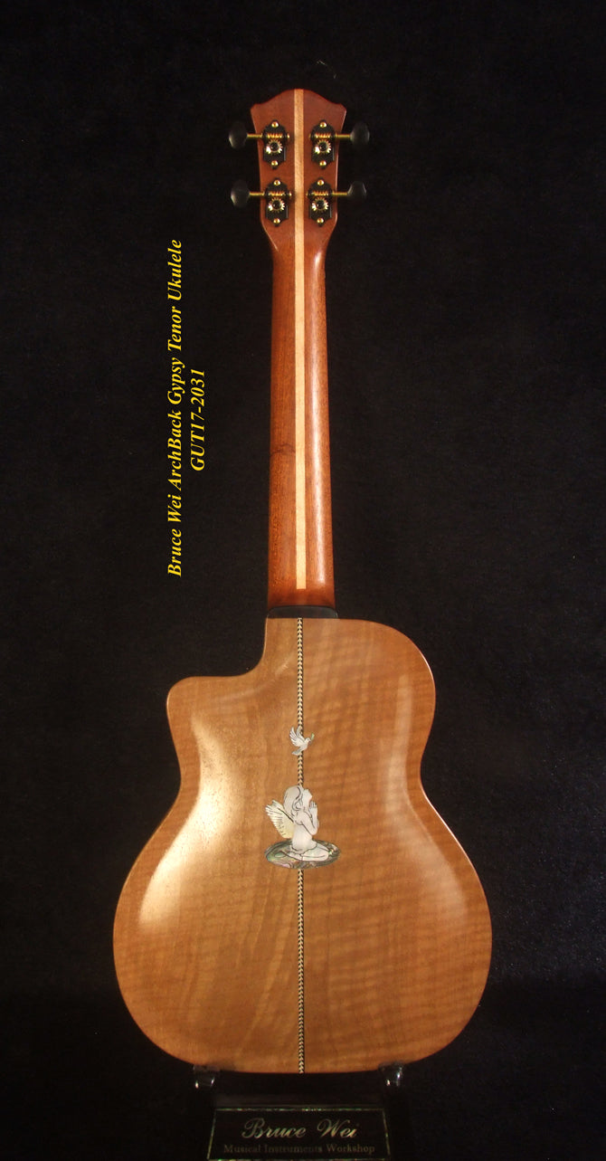 Handcrafted Gypsy Tenor Ukulele Solid Taiwania, Curly Maple Archback, Angel, Vine Inlay, Soft-bag, Bruce Wei GUT17-2031