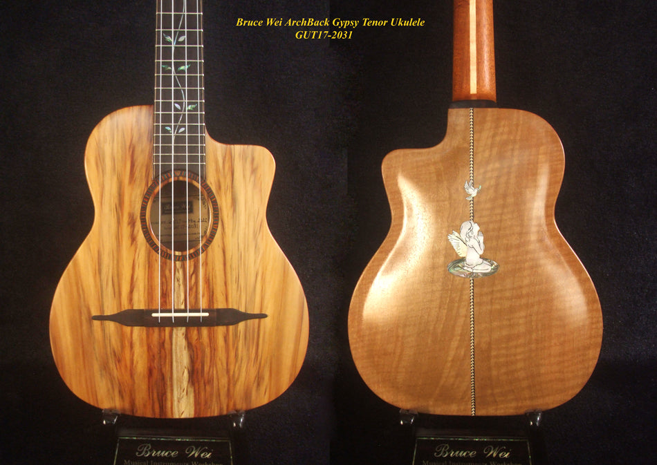 Handcrafted Gypsy Tenor Ukulele Solid Taiwania, Curly Maple Archback, Angel, Vine Inlay, Soft-bag, Bruce Wei GUT17-2031