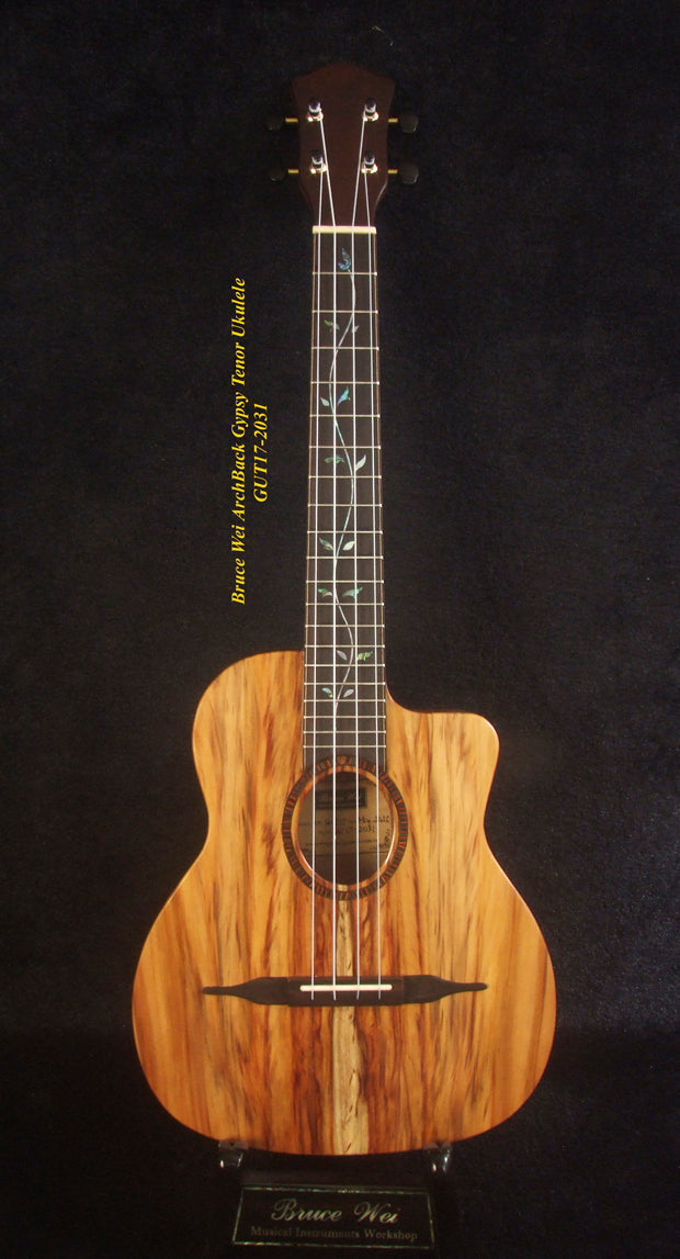 Handcrafted Gypsy Tenor Ukulele Solid Taiwania, Curly Maple Archback, Angel, Vine Inlay, Soft-bag, Bruce Wei GUT17-2031