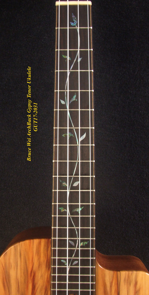Handcrafted Gypsy Tenor Ukulele Solid Taiwania, Curly Maple Archback, Angel, Vine Inlay, Soft-bag, Bruce Wei GUT17-2031