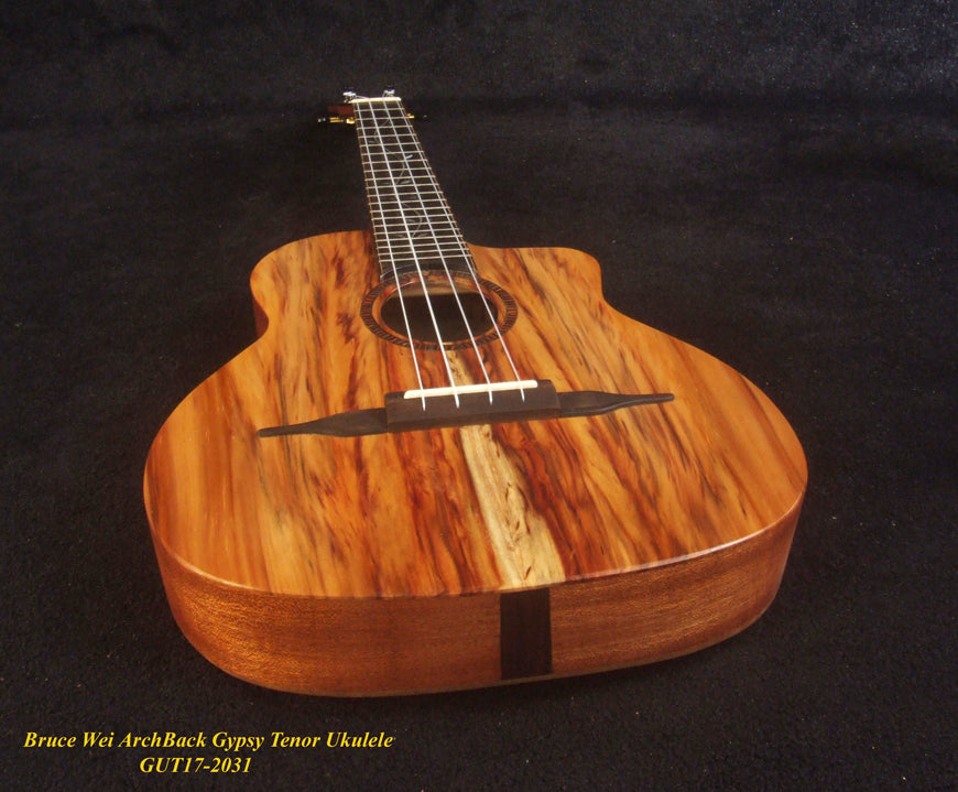 Handcrafted Gypsy Tenor Ukulele Solid Taiwania, Curly Maple Archback, Angel, Vine Inlay, Soft-bag, Bruce Wei GUT17-2031