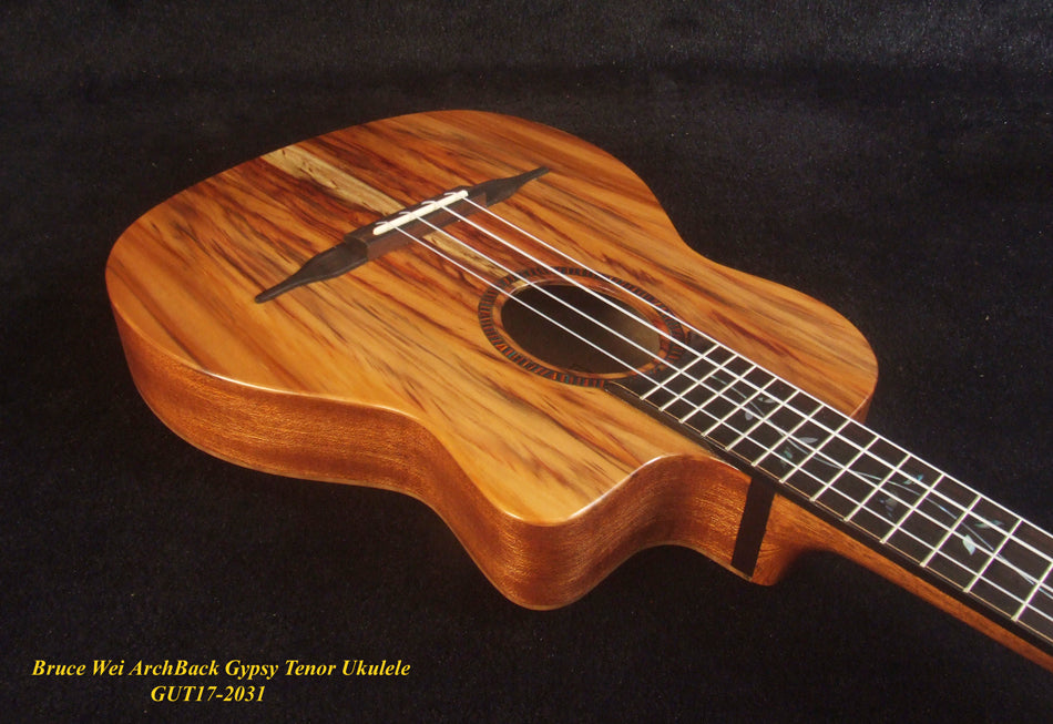 Handcrafted Gypsy Tenor Ukulele Solid Taiwania, Curly Maple Archback, Angel, Vine Inlay, Soft-bag, Bruce Wei GUT17-2031