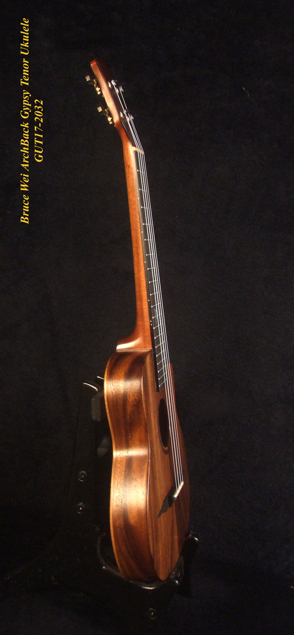 Handcrafted Gypsy Tenor Ukulele Solid Acacia Archback, Cat & Butterfly Inlay, Soft-bag, Bruce Wei GUT17-2032