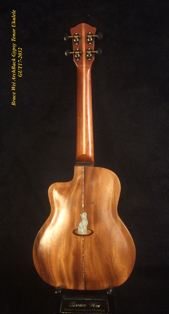 Handcrafted Gypsy Tenor Ukulele Solid Acacia Archback, Cat & Butterfly Inlay, Soft-bag, Bruce Wei GUT17-2032