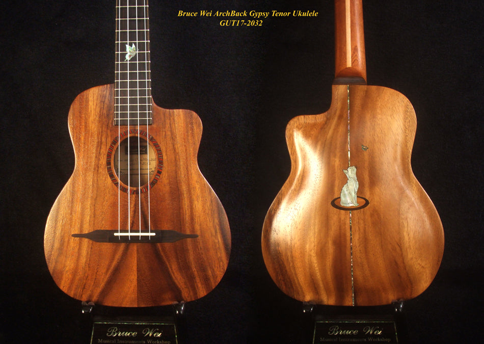 Handcrafted Gypsy Tenor Ukulele Solid Acacia Archback, Cat & Butterfly Inlay, Soft-bag, Bruce Wei GUT17-2032