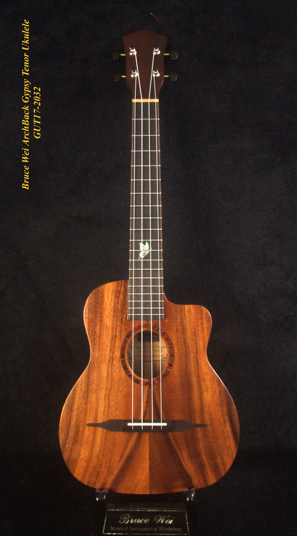 Handcrafted Gypsy Tenor Ukulele Solid Acacia Archback, Cat & Butterfly Inlay, Soft-bag, Bruce Wei GUT17-2032