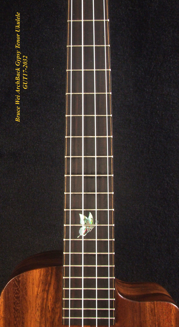 Handcrafted Gypsy Tenor Ukulele Solid Acacia Archback, Cat & Butterfly Inlay, Soft-bag, Bruce Wei GUT17-2032